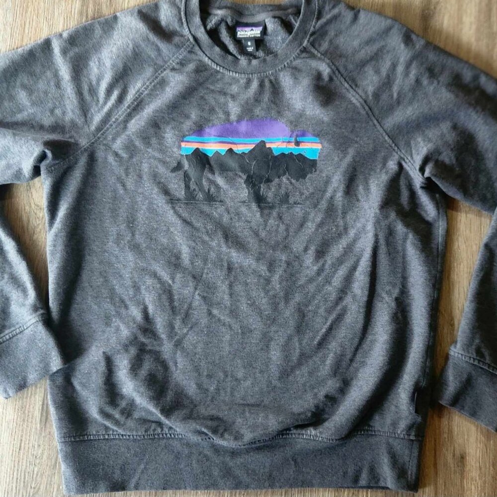 Patagonia (Women's M) Fitz Roy Bison Crewneck Pullover Sweatshirt Gray.